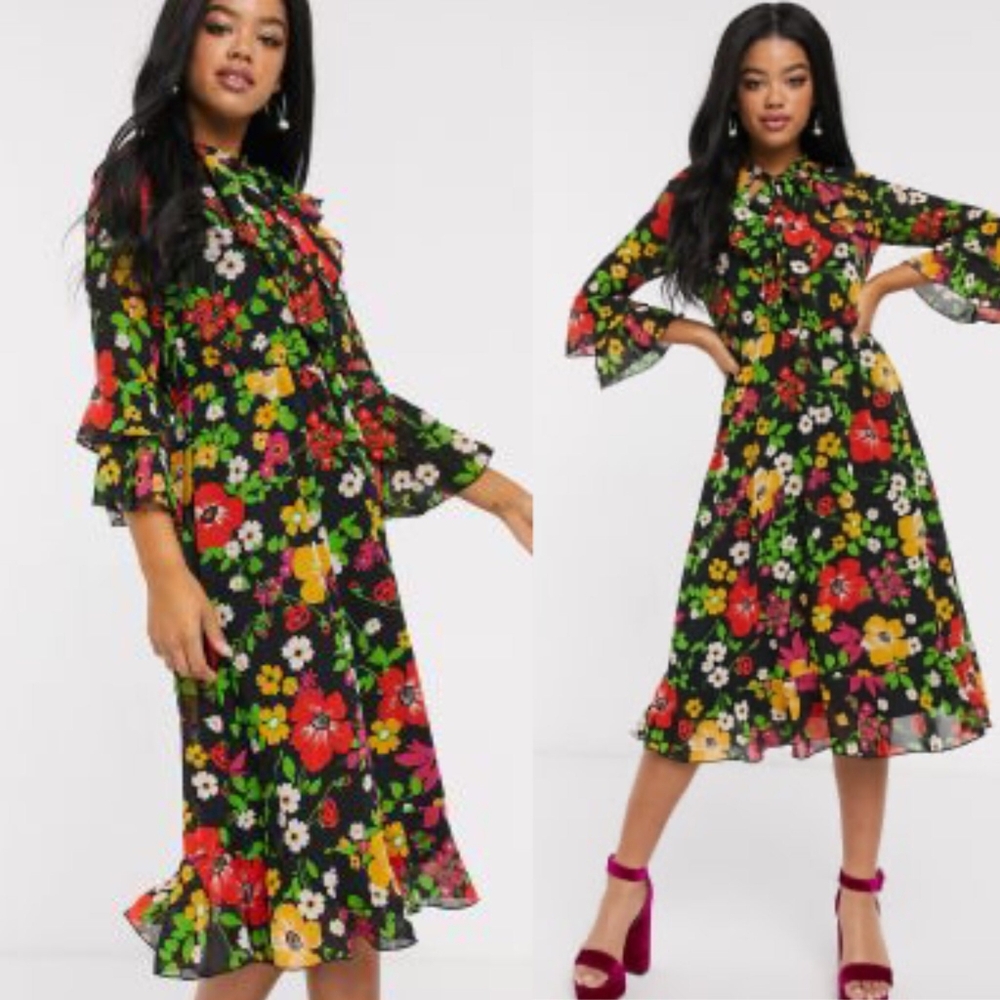 Twisted wunder floral print ruffled midi dress sz 6 tiered bell sleeves vibrant